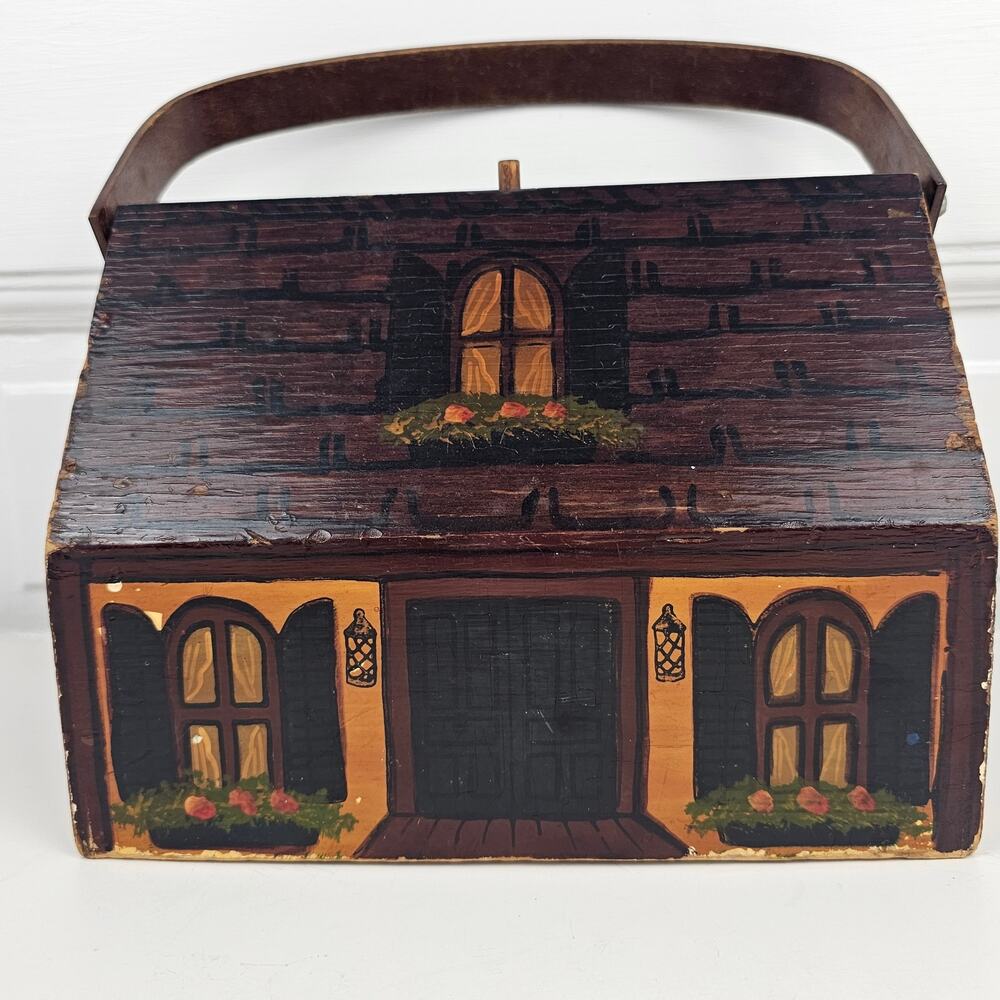 VTG Tudor cottage wooden box handbag purse hand painted cottage core